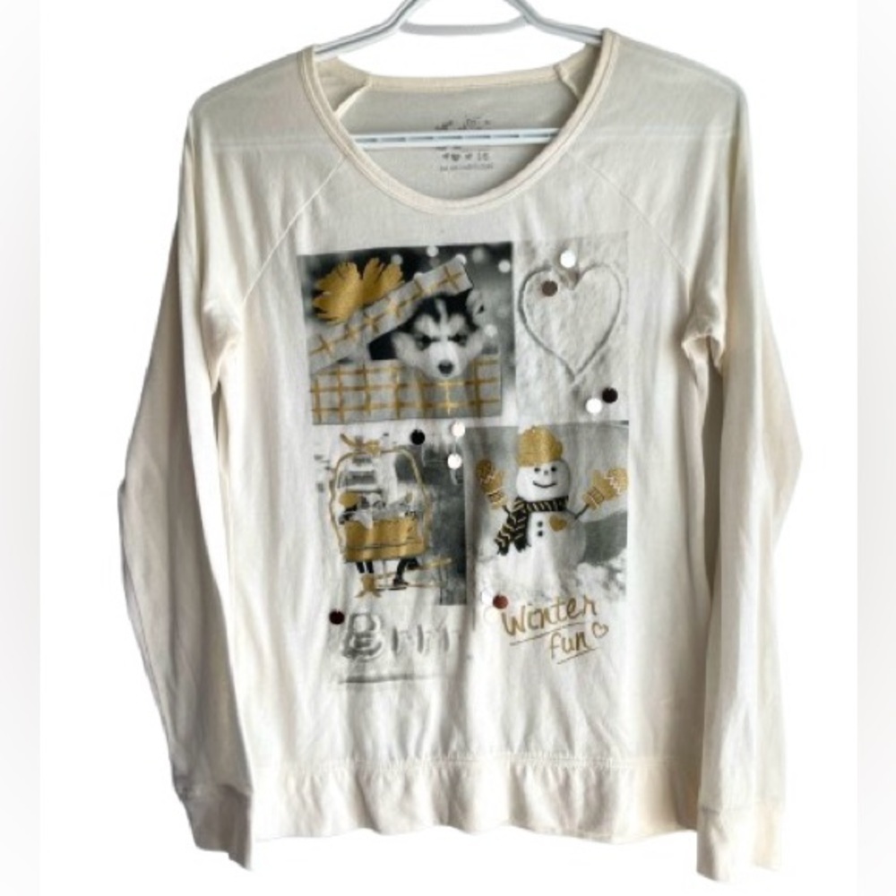 Justice Girls Long-sleeve in Cream with Winter Wonderland Print with Sparkles